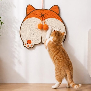 Wandmontierter Katzenkratzbaum, niedliches Fuchsmotiv mit Hängebällen, interaktives Katzenspielzeug, Katzenkratzmatte aus Sisalseil