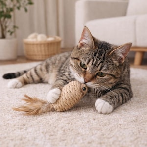 May include: A tabby cat with brown and grey stripes plays with a woven fish-shaped cat toy. The cat has white paws and is lying on a cream-coloured carpet. The toy has a feather tail.