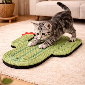 Könnte beinhalten: Eine graue getigerte Katze spielt auf einem grünen, kaktusförmigen Katzenspielzeug. Das Spielzeug hat einen schwarzen Rand und einen roten Blumenakzent. Die Katze befindet sich in einem Wohnzimmer mit einem beigen Teppich und einem Sofa.