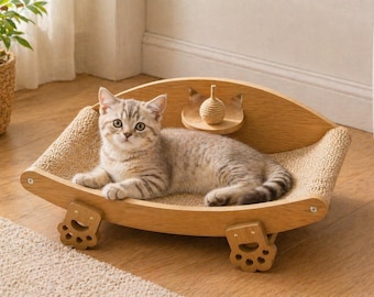 Premium krabpaal/ligbed voor katten – 3-in-1 houten sisal krabpaal met speelbal en ergonomisch ontwerp