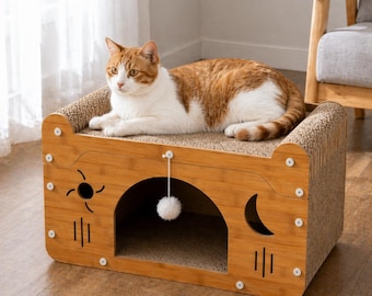 3-in-1 Cat Scratcher House – Cat Bed, Hideout & Scratching Pad – Modern Wooden Cat Furniture