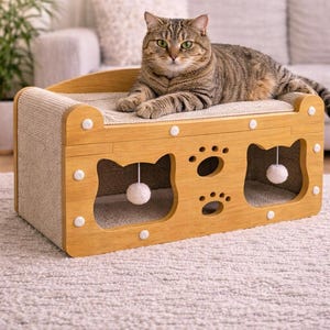 Puede incluir: Una cama para gatos de madera con acabado marrón claro. La cama cuenta con un rascador incorporado y recortes lúdicos con forma de caras de gato y huellas de patas. Un gato atigrado descansa sobre la cama, que tiene un cojín beige y pompones colgantes.