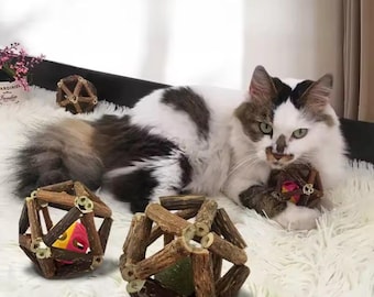 Pelotas de juguete de madera natural para gatos – Juego de 2 (del mismo tipo) – Opción de cascabel o hierba gatera – Juguete interactivo y ecológico para gatos – Juguete para mascotas hecho a mano