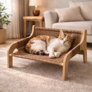 Sofá cama rascador moderno para gatos – Salón de madera para gatos con rascador de sisal – Muebles de lujo para gatos – Cama para dormir y rascar para gatitos