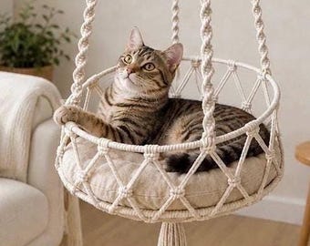 Hangend kattenbed van macramé | Boho kattenhangmat | Aan de muur te bevestigen kattenbed | Gezellig kattennest | Handgemaakte katoenen dierenmeubels