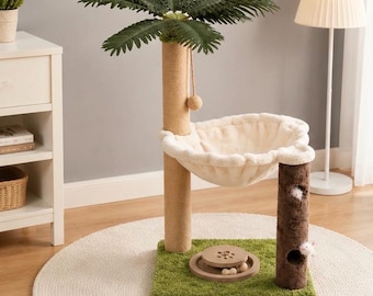 Árbol rascador de lujo con forma de palmera, hamaca de felpa y juguetes interactivos | Centro de actividades moderno para gatos de interior