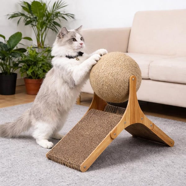Cat Scratching Ball Toy, Wooden Cat Scratcher, Sisal Cat Scratcher, Interactive Cat Toy, Furniture Protector, Cat Enrichment Toy, Modern Pet