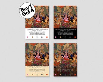 May include: Four art prints with the text "POST HUMAN SURVIVAL HORROR" and "Buy 1 Get 4" in a circle. The prints feature a colorful illustration of figures in a forest setting. Each print has a different background color.