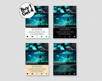 May include: Four art prints featuring an underwater scene with a person, sharks, and jellyfish. Each print has a different background color: white, black, beige, and dark gray. The text "Count Your Blessings" is visible on each print.