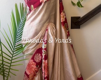 Beige and red border Tussar Silk Saree for Wedding, Reception, Pahela Baisakh Hand Embroidered Cutdana & Sequins Work with Running Blouse