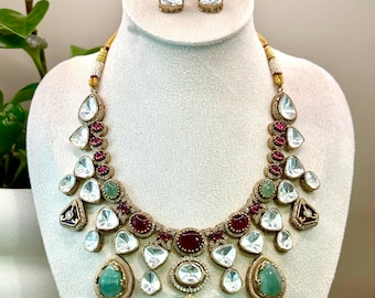 Mint Green Kundan Statement Necklace Set with Ruby Accents – Bridal Indian Jewelry Set with Earrings | Traditional Wedding Jewelry | Festive