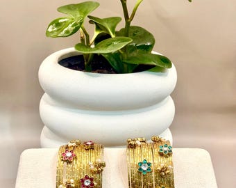 Statement Gold Cuff Bracelet with Pearls, Ruby, Emerald stones