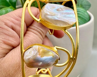 Statement Gold Cuff Bracelet with Natural Baroque Pearls