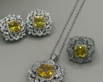 Yellow Zircon Jewelry Set: Crystal Necklace, Earrings & Adjustable Ring