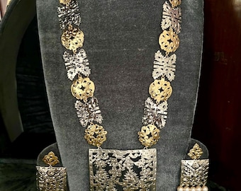 Handcrafted Katai Jewelry Two Tone Gold and Silver Necklace Set with Pearl Drops South Asian Statement Jewelry