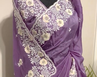 Light Purple Silk Saree with Cutdana & Sequin Embroidery | Heavy Embroidered Running Blouse