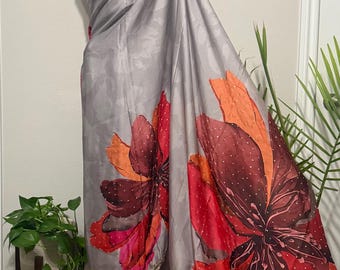 Light Grey Satin Saree with Floral Print | Cutdana & Sequin Embroidery | Includes Embroidered Blouse Piece