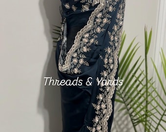 Midnight Blue Satin Saree with Gold Cutdana & Sequin Embroidery | Luxury Evening and Reception Saree