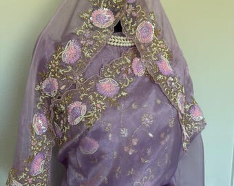 Lavender Tissue Organza Saree with Sequins and Cutdana heavily hand Embroidery | Luxury Wedding & Reception Saree