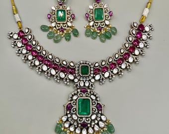 Emerald Green Kundan Necklace Set with Polki Detailing | Bridal & Wedding Jewelry Set