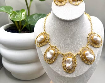Handcrafted Baroque Pearl Statement Necklace & Earrings Set | Gold Wire Wrapped Bridal Jewelry | Unique Pearl Gift for Her
