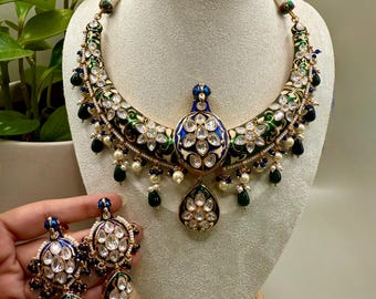 Gold Plated Peacock Necklace Set – Polki Stones, Blue & Green Enamel Detailing with Pearl Bead Drops, Indian Bridal Wedding Jewelry