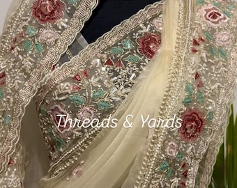 Light Beige Tissue Organza Saree for Wedding and  Reception Heavy Hand Embroidered Cutdana  Sequin Work Includes Blouse Piece