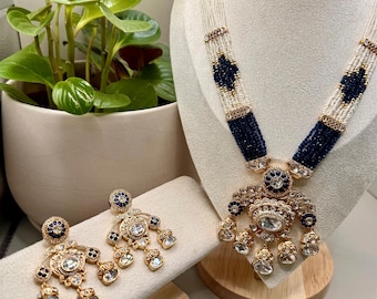 Kundan Necklace Set with Earrings – Pearl & Navy Blue Beaded Bridal Jewelry, Indian Wedding Statement Necklace