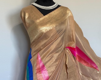 Beige Gold Silk Blend Saree with Brocade Border | Elegant Indian Saree | Wedding Guest & Festive Wear Saree
