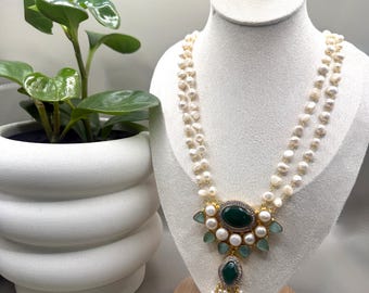 Green Kundan Pearl Necklace Set • Double-Strand Freshwater Pearls