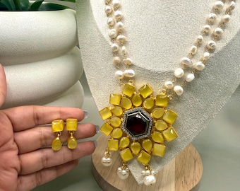 Pearl Necklace Set • Yellow Kundan, Maroon Stone • Indian Bridal Jewelry