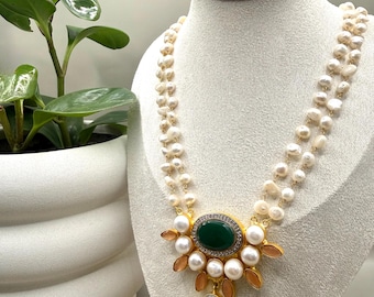 Kundan Green Stone Pearl Necklace Set – Double Strand Freshwater Pearls