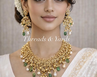 Matte Gold Floral Necklace Set with Green Stones & Pearl Drops | Bridal Statement Jewelry