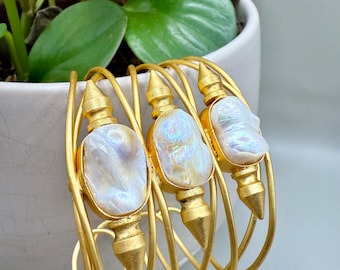 Statement Gold Cuff Bracelet with Natural Baroque Pearls