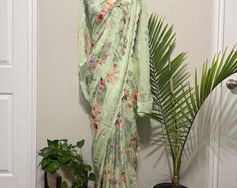 Light Green Floral Georgette Saree | Soft Everyday Saree | Casual & Day Wear Indian Saree