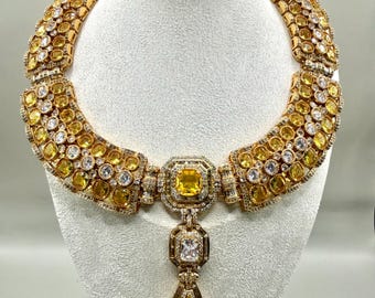 Gold-Plated Yellow citron Gemstone Necklace Set, Bridal Statement Jewelry