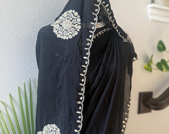 Black Crepe Saree with Silver Gota Patti and Pearl Work | Elegant Evening & Formal Saree