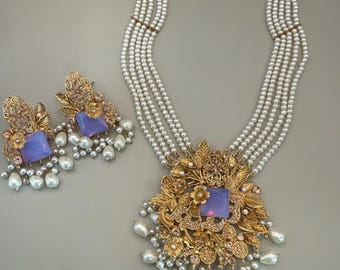 Multi-Strand Pearl Statement Necklace Set with Floral Gold Pendant & Lavender Crystal – Vintage Bridal Jewelry with Matching Earrings