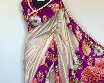 Beige and Magenta border Tussar Silk Saree with Floral Design & Cutdana Sequins hand embroidered | Festive Indian Saree with Running Blouse