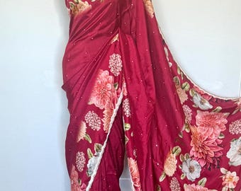 Red Tussar Silk Saree with Floral Design & Cutdana Sequins | Festive Indian Saree with Running Blouse