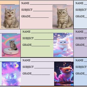 May include: A sheet of colorful labels with spaces for name, subject, and grade. Each label features a different cat illustration, including a cat with a unicorn horn, a cat on a rainbow, and a cat in a bunny hat.
