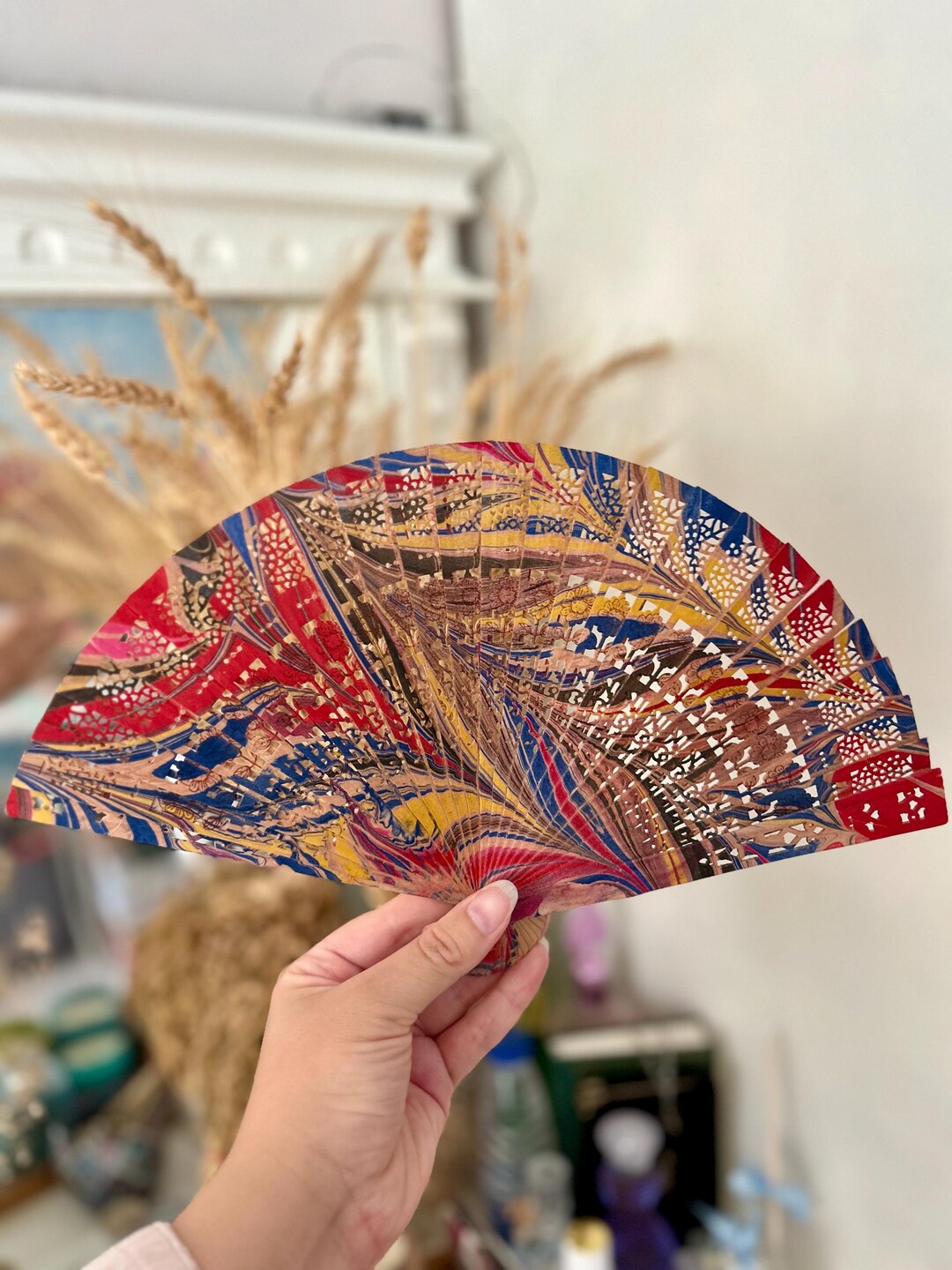 Handmade Wooden Fan With Ebru Art – Marbled Turkish Paper Design ...
