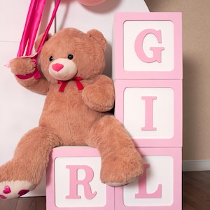 May include: A large brown teddy bear with a red bow and heart-shaped nose sits next to pink blocks spelling "GIRL". The bear holds pink balloons with pink ribbons. The scene is set for a baby girl's celebration.