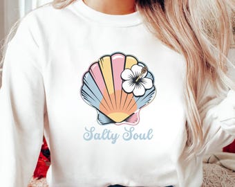 Salty Soul PNG Design, Beach Sublimation Graphic, Pastel Seashell Clipart, Summer Coastal Shirt Digital Download