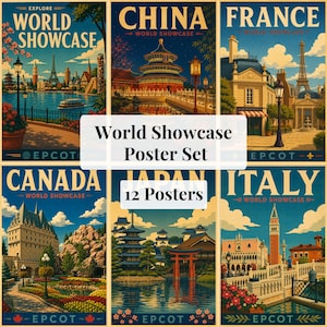 May include: A set of 12 World Showcase posters featuring illustrated travel scenes from China, France, Canada, Japan, and Italy. Each poster displays iconic landmarks, vibrant landscapes, and the text World Showcase and Epcot in a vintage style.