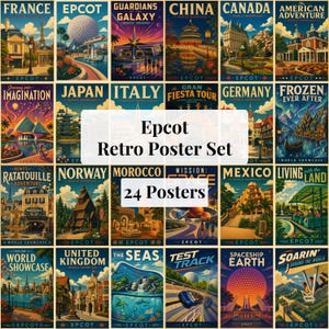 Peut inclure: Un ensemble de 24 affiches au style rétro représentant diverses attractions d'Epcot et pavillons du World Showcase, dont la France, le Japon, l'Italie, le Mexique et la Norvège, avec une typographie audacieuse et des illustrations colorées.