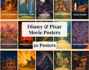Disney Pixar Poster Set, 50 Movie Location Travel Prints, Wall Art Bundle, Printable Download