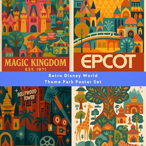 Retro Disney World Theme Park Poster Set – Mary Blair Style Wall Art – Digital Download