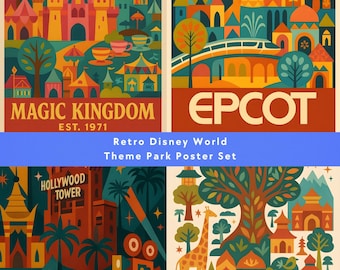 Póster retro de parques temáticos de Disney World: arte mural estilo Mary Blair (descarga digital)
