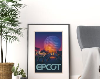 Póster retro de EPCOT con impresión Disney – Descarga digital – Monorraíl de Spaceship Earth – Decoración vintage para parques temáticos